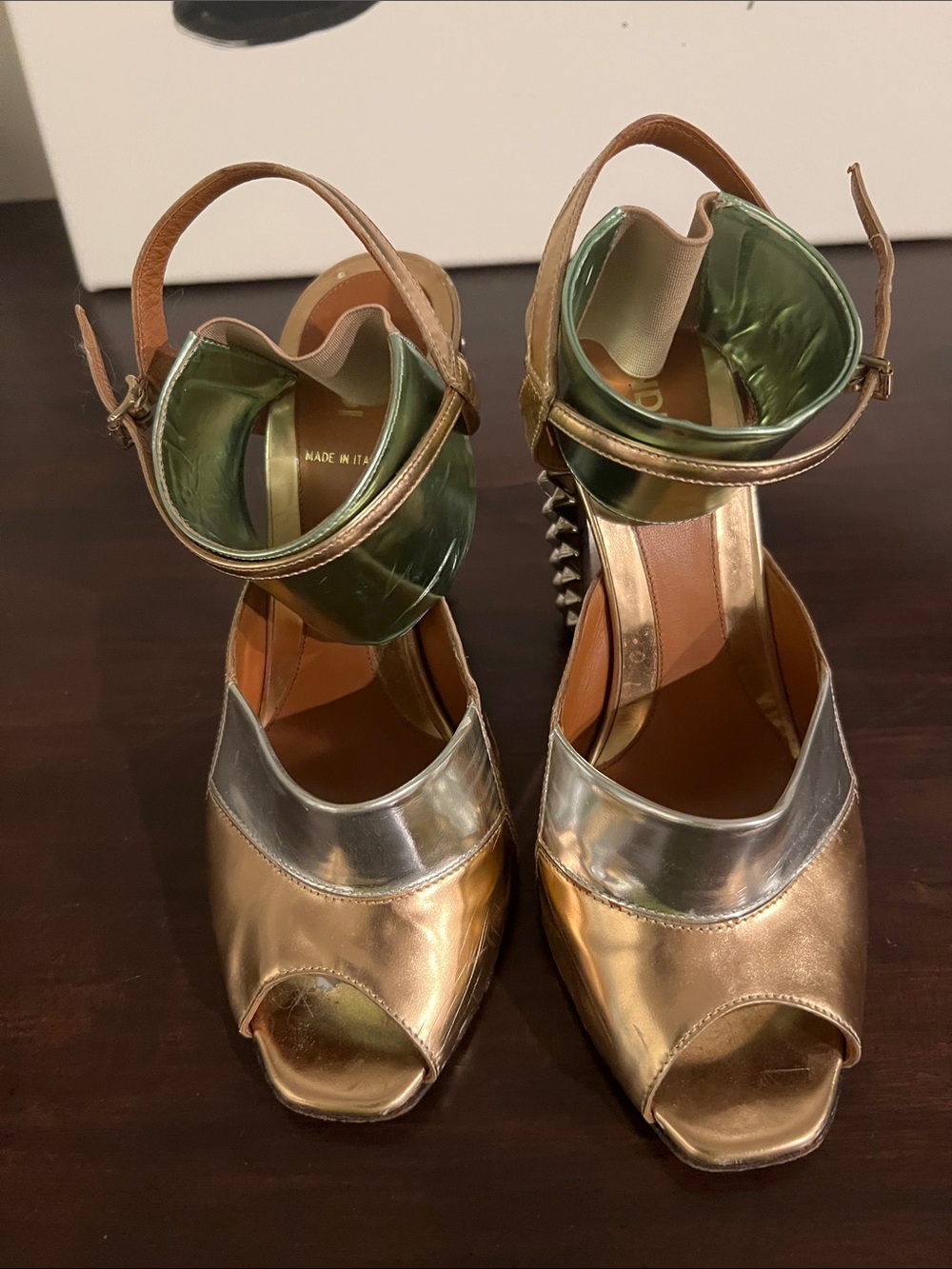 Fendi Metallic Gold,  Silver and rose gold Peep-Toe Heels with Green Ankle Cuffs
